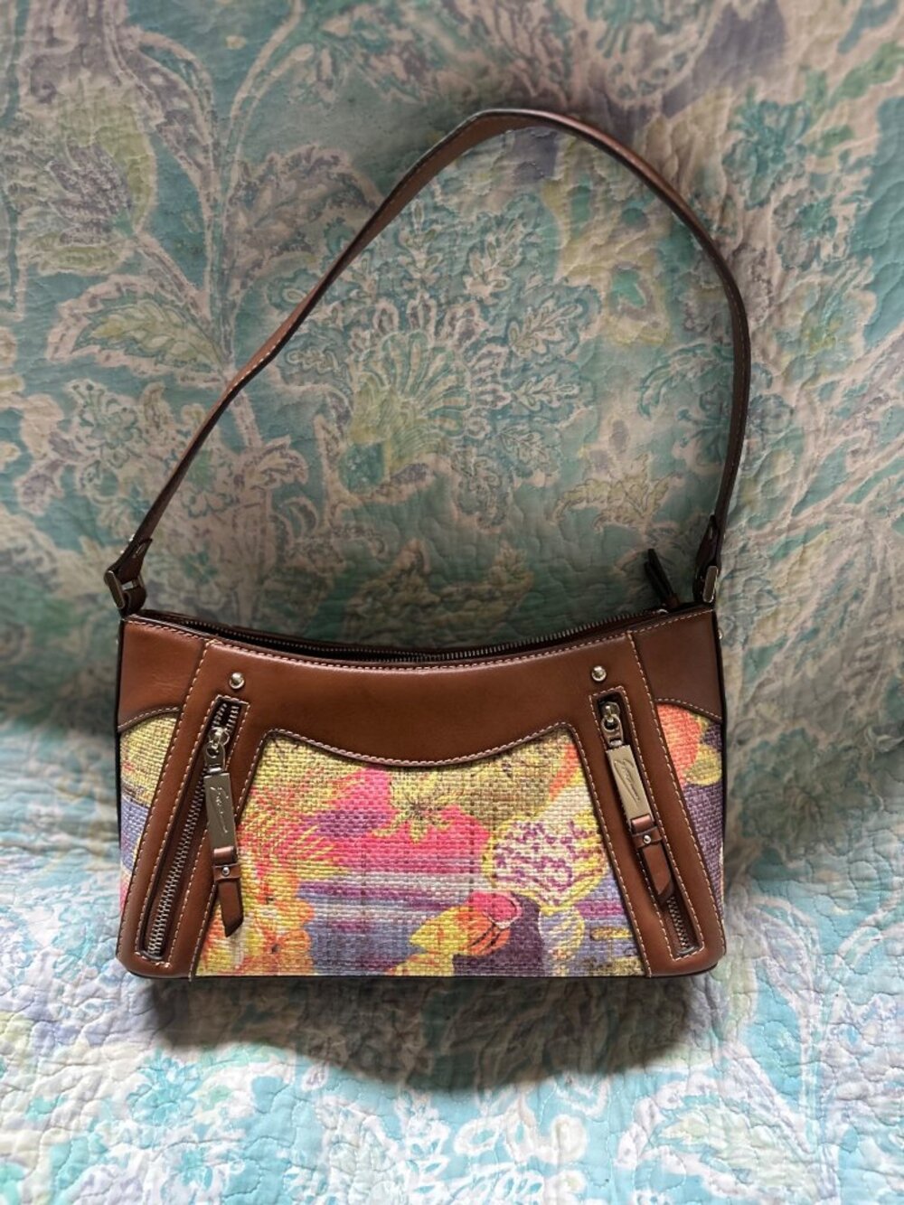 Etienne Aigner Brown Leather Floral Tapestry Shoulder Bag Y2K